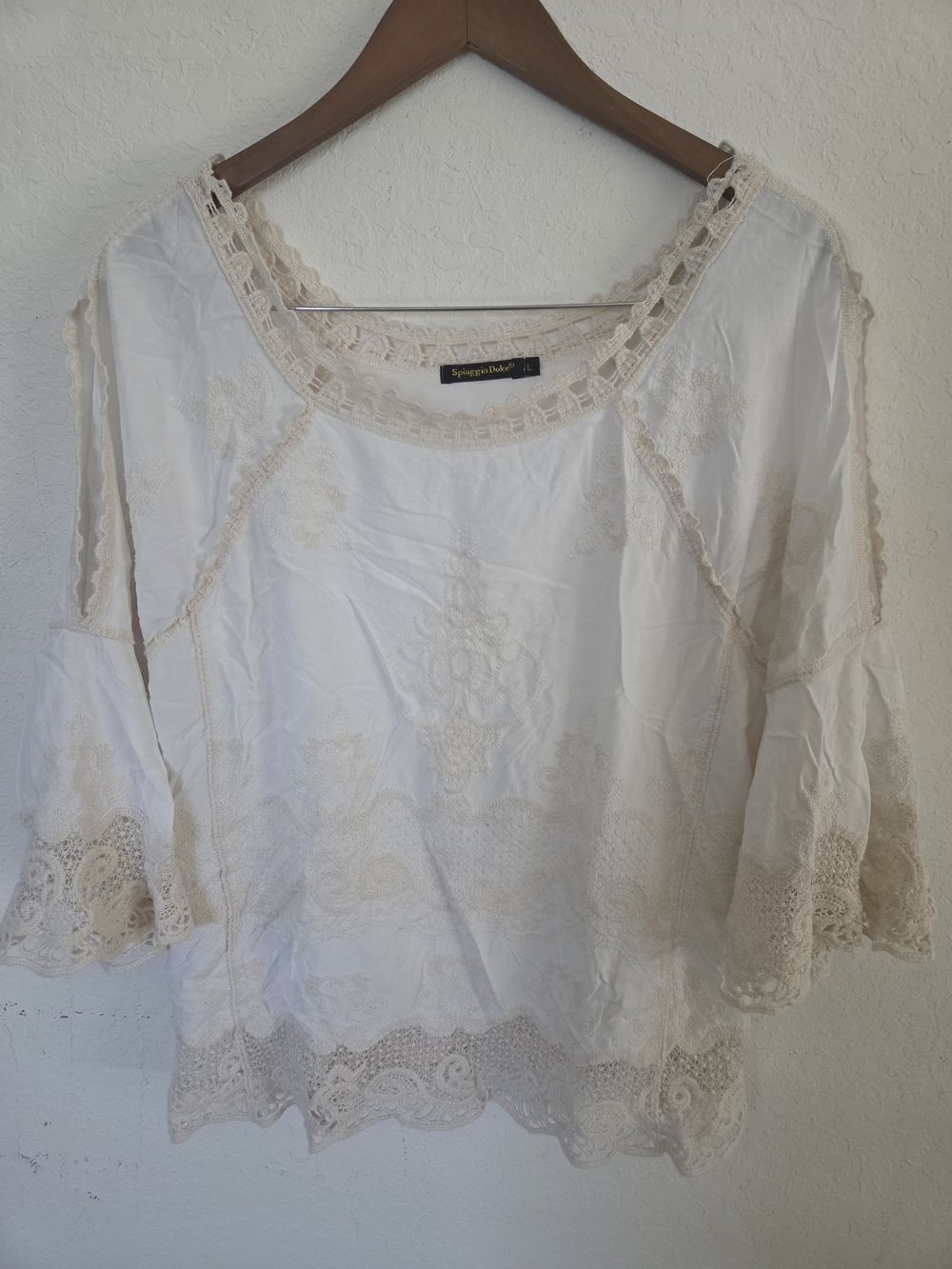 Spiaggia Dolce Cottagecore Cream Embroidered Lace Cutout Sleeve Peasant Blouse L